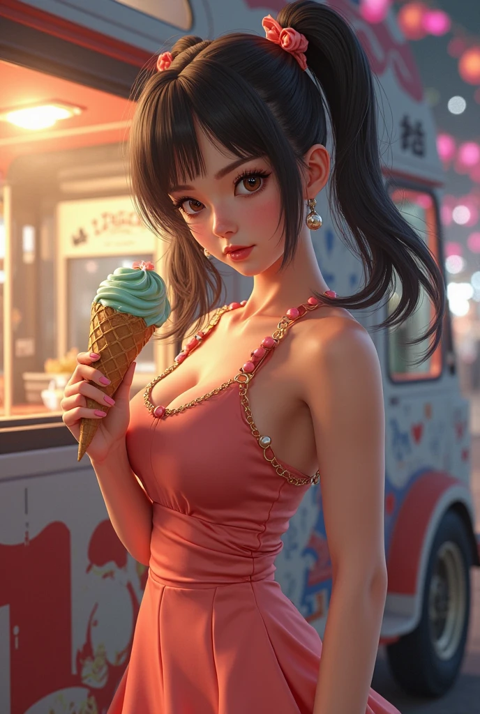 ((masterpiece, Highest quality, High resolution)), ((Highly detailed CG integrated 8K wallpaper)), (Stunning Goddess Shot, laughing, Amazing beauty, Perfect Proportions, Beautiful body, Slim body beauty:1.3), stall, Food truck, Long Hair, smile, Customers waiting in line, (Handing out ice cream to viewers:1.3), View from the front,
