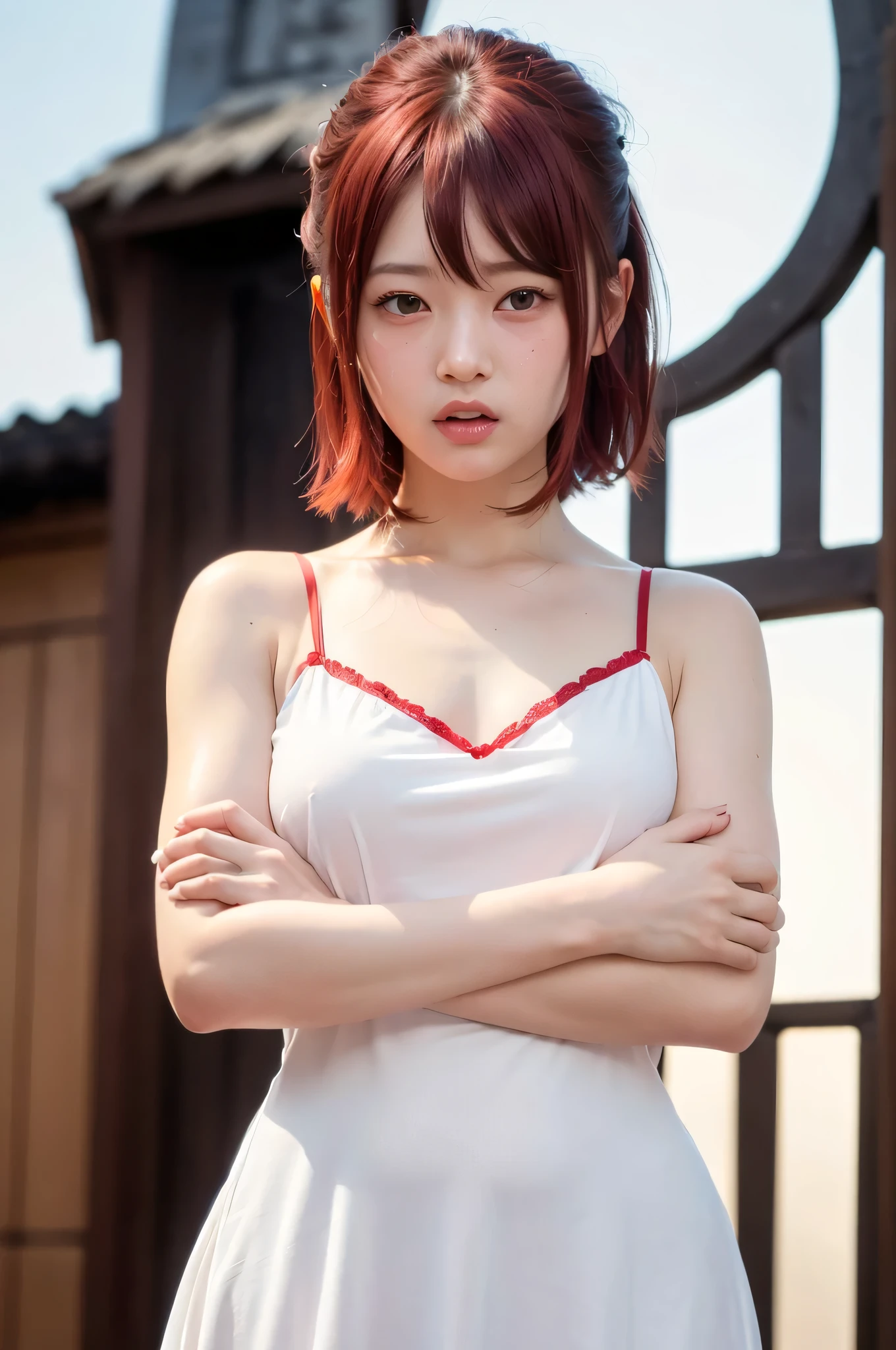 (top quality、8k、32K、masterpiece)、(realistic)、(realistic:1.2)、(high resolution)、very detailed、 very cute face and eyes、1 、round face、and open your legs in the shape of a、Delicate Body、(close、top quality、attention to detail、rich skin details)、(top quality、8k、Oil:1.2)、(realistic、realistic:1.37)、bright color、(((Nioh is standing)))、(((Arms crossed)))、(((upper body shot)))、(((medium hair)))、(((angry amidst enemies)))、(((my cheeks turn red)))、(((Enraged )))、(((I have red hair)))、(((I'm wearing a red nightgown)))、(((I'm wearing a white and red nightgown)))、(((the appeal of a sweaty)))、(((My hair is red)))、(((I'm wearing a white and red nightgown)))、(((facing the front)))、(((Upper Body Shot)))、(((I'm staring)))、