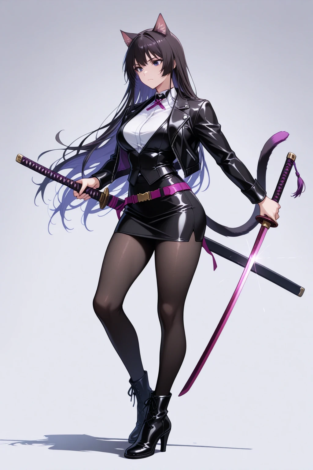 Beautiful girl with long black straight hair and big breasts，Black full-body bodysuit，slim figure，tall，Purple Japanese armor，Thin legs，Straw sandals，warrior，Imperial Palace of Japan