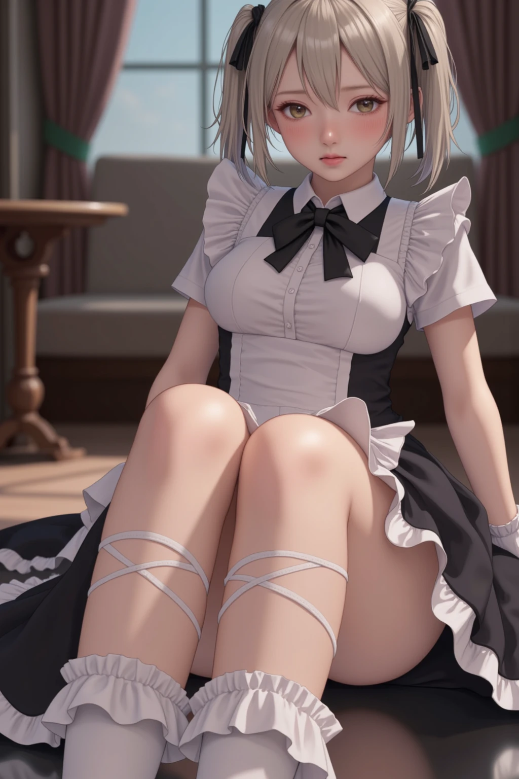 (solo Sakuya toho character standing at front of large glass windows), skinny, (open long legs wide:1.3), BREAK, (large perky breasts), (emphasize cleavage), (inconceivably thin narrow waist:1.5), short torso, thin long legs apart, arms behind back, arched back, BREAK, (very short maid dress) lifted breasts up, (maid dress cinches narrow waist too tight:1.2), cleavage cutouts, (too short skirt:1.3), highheels, tiptoe, (pigeon toed), smile for viewer, open mouth
