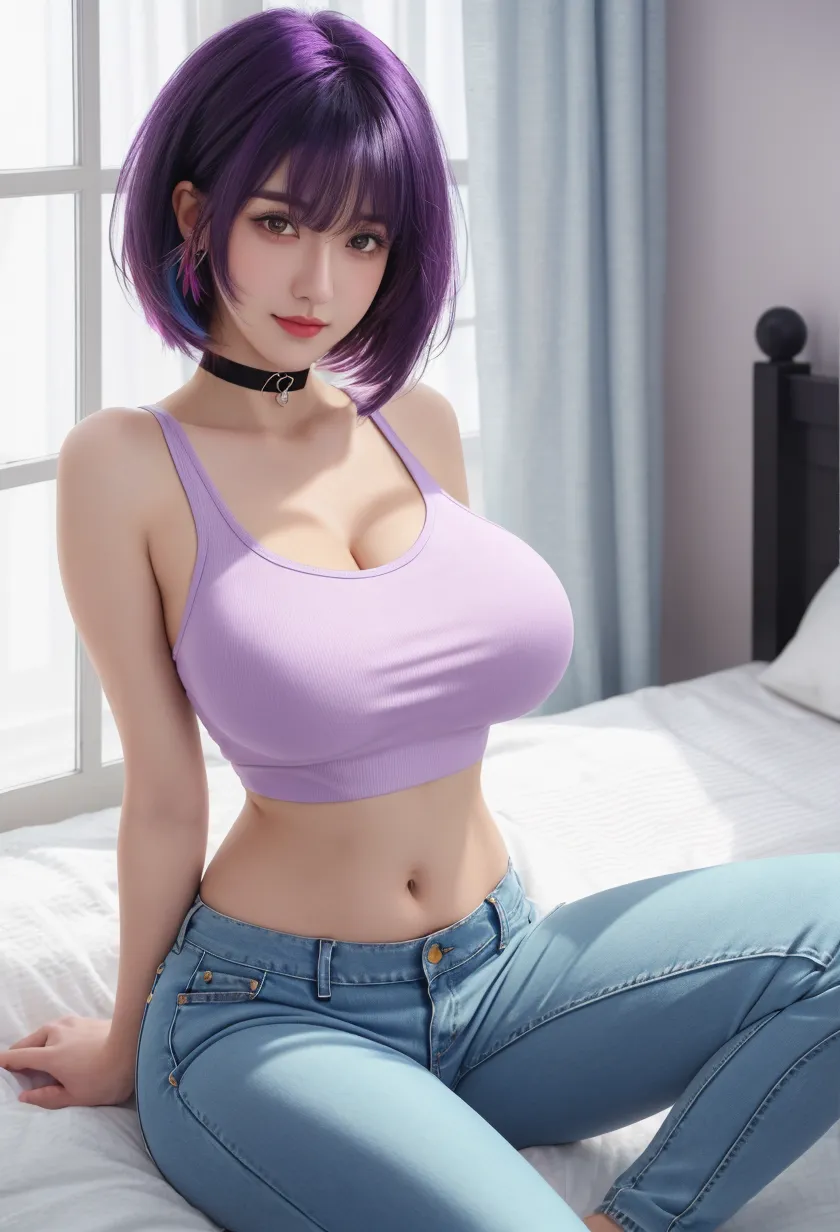 an Ultra hot sexy Thailand Girl, lady escort sexy girl style ,nice Breasts, short layered purple hair, masterpiece , 16K, uhd, sexy thighs, half-opened cropped Tank top、damp , cleavage 、Shorts panties 、damp、cleavage