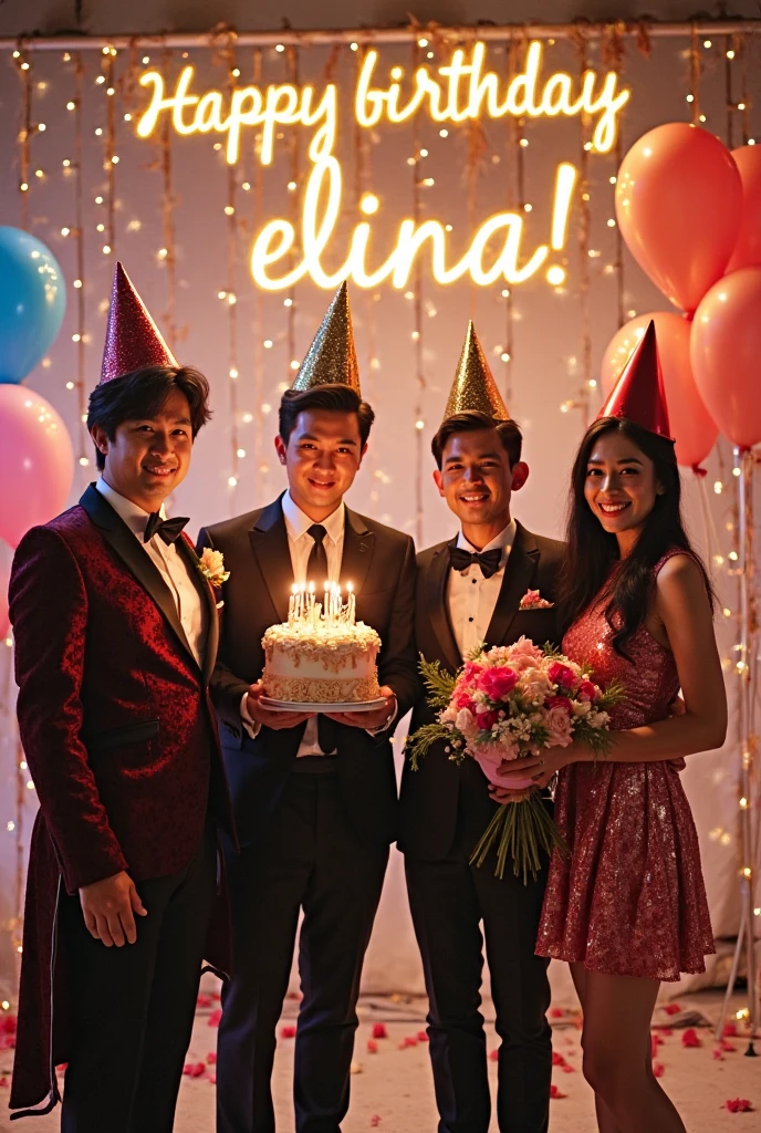 Create background image on the hotel one table up cake with candles age 21 husband wife  in birthday dress cut the cake write happy birthday bano in background with lights and a lot balloons black and yellow