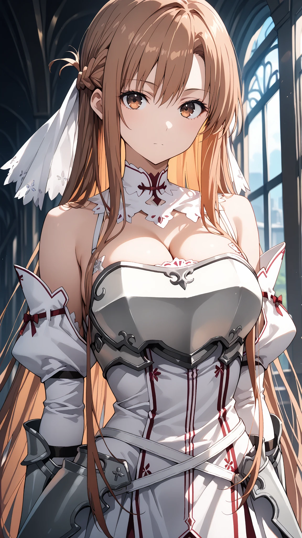 stacia, 1girl, solo, long hair, (huge breasts:1.7), looking at viewer, smile, open mouth, bangs ,detailed eyes, beautiful background, (night sky, stars), hands on the chest, brown hair, thighhighs, gloves, dress, (cleavage:1.4), bare shoulders, brown eyes, very long hair, standing, full body, white gloves, white dress, armor, white thighhighs, garter straps, fantasy, white armor, abec,