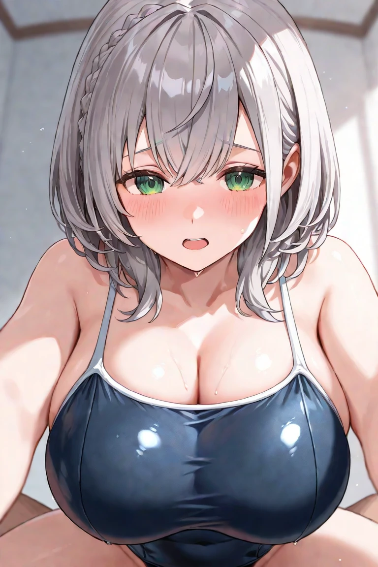 mastute piece,Best Quality,insanely detailed,8k cg,nsfw,
(shoot upper body:1.3),
(1girls:1.3),standing,looking at viewr,body in front,((both arms behind back:1.4)),(white waist apron:1.4,navy blue school swimsuit,waitress:1.2),Waist Apron:1.4,bare breasts,BREAK,
blush,shy,(ecstasy face),(trembling:1.2),BREAK,(light silver hair),
BREAK,
perfect breasts,perfect teats,(open mouth:0.9),(large breasts:1.2),
(beach house:1.1),restaurant,