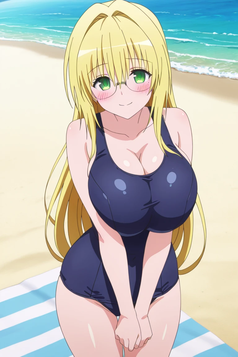 nsfw, best quality, high resolution, beach, (huge breasts:1.3), tearju lunatique, blonde hair, green eyes, hair intakes, long hair, low-tied long hair, glasses, micro bikini, blush, embarrassed, (white micro bikini:1.2), cowboy shot, looking at viewer, (from side:0.8)