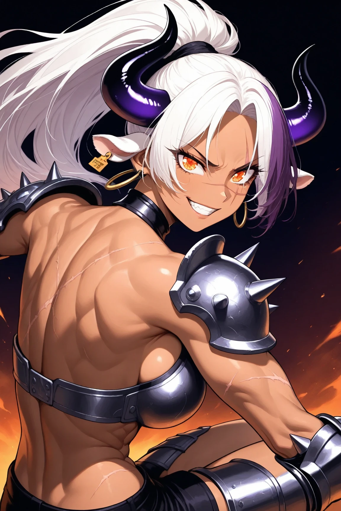 ((masterpiece, best quality)),solo, 1boy, long hair, red eyes, gloves, white hair, horns, torn clothes, muscular, abs, pectorals, topless male, Demon Chen, <lora:Chen_Changan_Demon:0.6>
