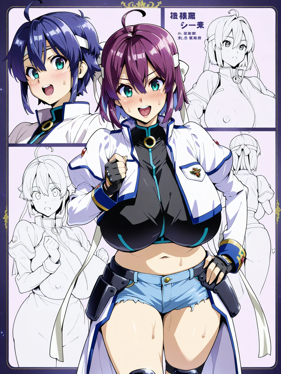 Character design sheet, same character, (front, side, back), illustration, 1 girl, hair long dark blue, large breasts, bangs, hairstyle fax, white eyes, environment change, simple background nude,