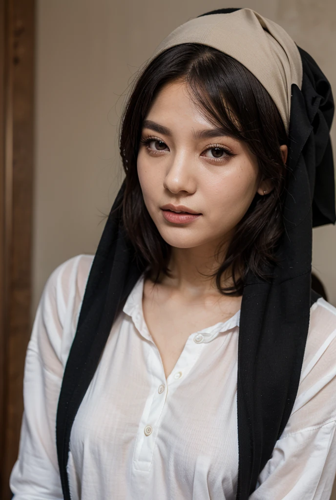 a 20 yo woman,hijab, soothing tones, muted colors, high contrast, (natural skin texture, hyperrealism, soft light, sharp), simple background, The fabric traces the shape of the body, big breast (big size breast: 1.4) no underwear, no bra, nude breast, wearing pink blazer