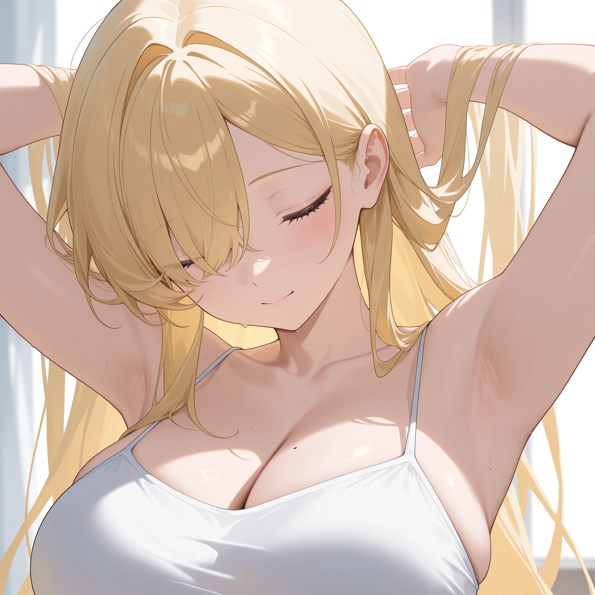 1girl、(((best quality)), ((masterpiece)), (details), masterpiece, best quality, high quality, ulutra detailed, perfect face, ((1girl, blond eyes, tiger ears: 1.3 blond long hair: 2.5,Mole under left eye：2.0))、Shiny Hair、Glowing Skin、Lustful look、Sideboob、Tank top、Swimsuit shorts、Waking up、living、Stay hydrated、Drink water、sunny、sun、Sweat