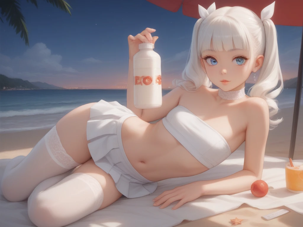 high image, super detail, high resolution, anime, manga, illustration, eating fruit with a mouthful, intelligent beauty, baby face, make up, ecstatic expression, amorous expression, seductive look, flowing layered messy white glossy medium short wavy hair, speed line, sparkling blue big eyes, alluring moist red lips, huge breasts, under boob, side boob, great proportion, perfect proportions, slender, full body