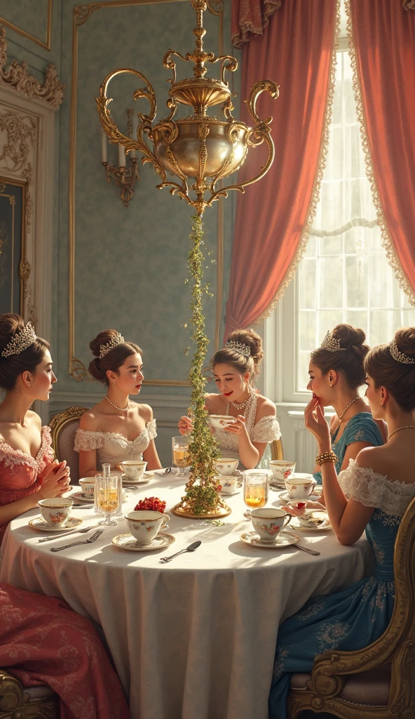 Tea Scene A humorous European afternoon tea scene in a Victorian-style salon ...