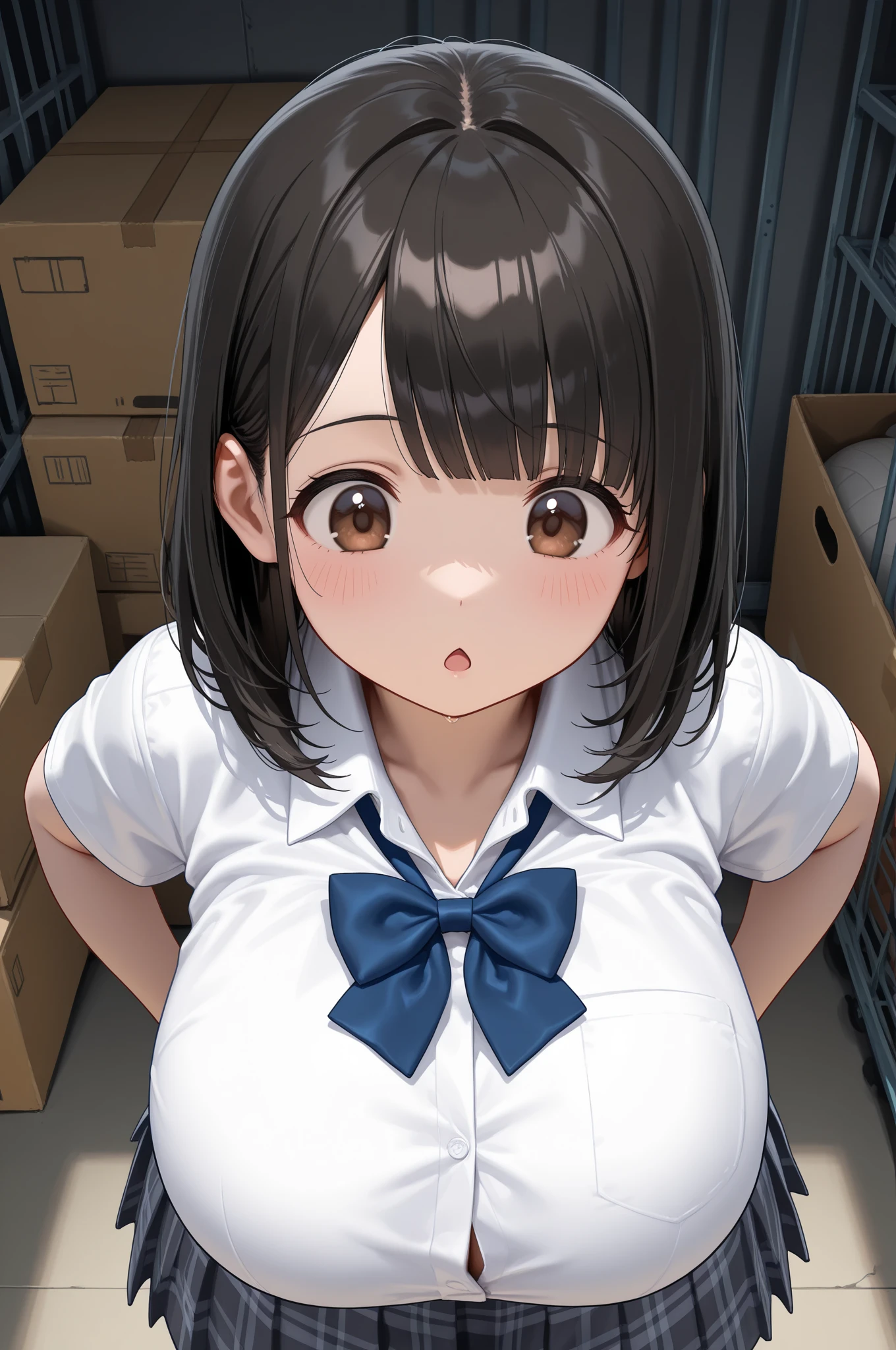 (head shot:1.2), (from above:1.2), frame in, from right in front of face and body, view straight on, upper body, High quality, very high res, High quality, very high res, cute girl, brown hair, forehead, blunt bangs, bob cut, blush, Brushed up bangs, wearing a plain t-shirt, shirt lift, medium breasts, pale pink nipples, I can see your belly button, (kneeling down pose), fellatio, pleated skirt, at office