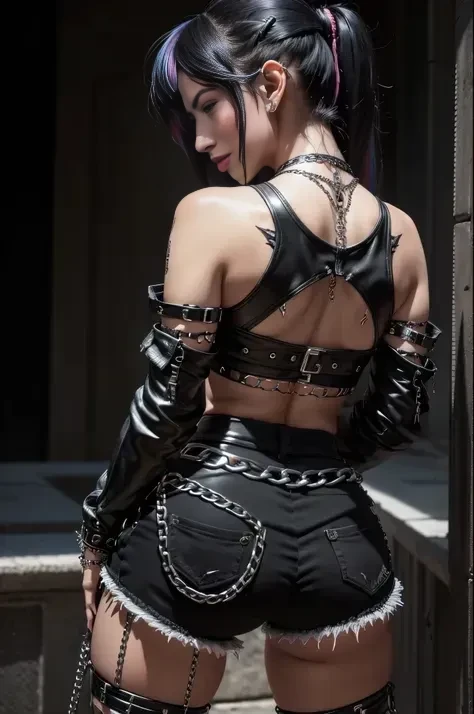Hyper realistic super detailed sexy young gothic girl , expressions faciales sexy, seductive facial expressions, full body, dynamic pose, back view [:(Face detail: 1.4): 0.4], 16K resolution, 4k resolution, (Ventre plat parfait), (image couleur),
edgpshorts, a woman in a black top and shorts  with chains on her waist , wearing edgpshorts
 
