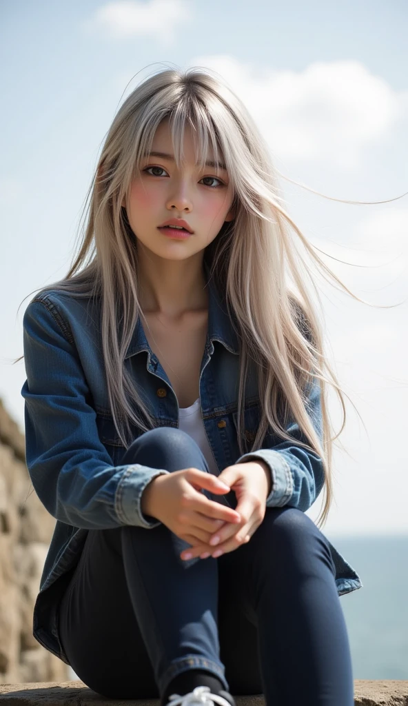 A young girl with white hair without clothes squatted on the street wearing white silk