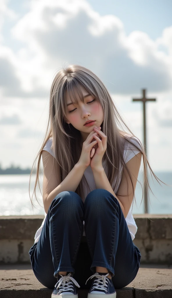 Blonde woman crying alone