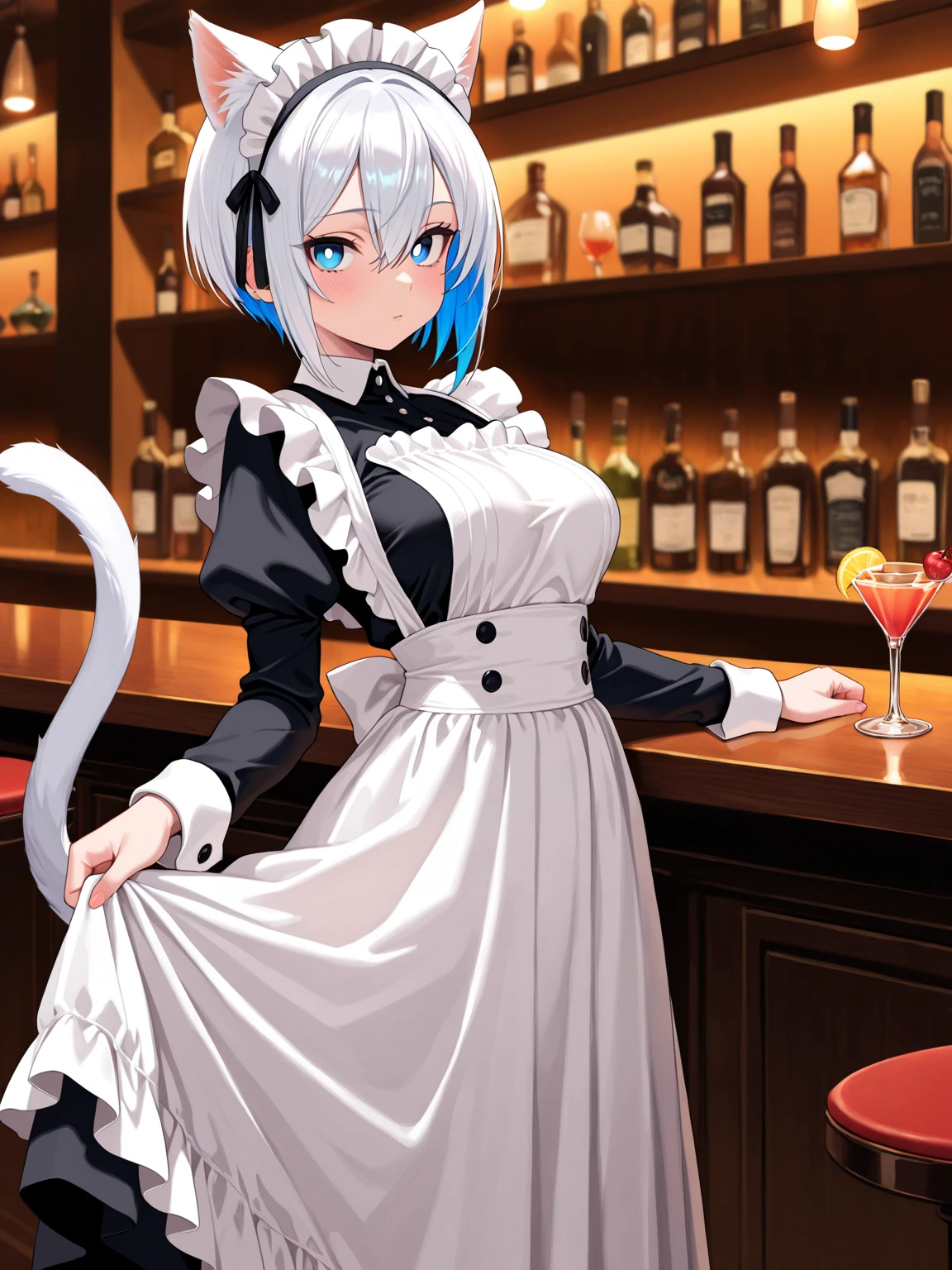 Highest quality, Highest quality, High quality illustrations, masterpiece, Ultra-high resolution, Detailed Background, bartender, bar, Cocktail, Absurd, Perfect Anatomy, Performance, Good lighting, Shadows in the movie(kemono, Furry Personification)Dynamic Angle, Rubber suit, ラbarスーツ, latex, Earrings, Maid clothes