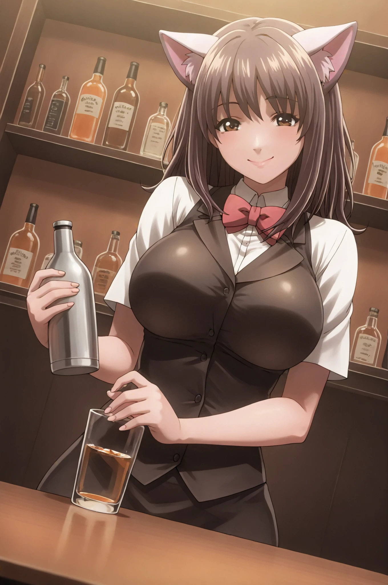 (1girl, solo, alone), (WakatsukiRisa, Sarada Uchiha, black hair, short hair, black eyes, red glasses), ((solo, (1woman, (small bust), pink lipstick, black eyes), Extremely detailed, ambient soft lighting, 4k, perfect eyes, a perfect face, perfect lighting, a 1girl)), ((fitness,, shapely body, athletic body, toned body)), ((green outfit, white panties, standing, showing her panties, lifting her dress, Bottom angle, embarrassed girl, flushed face, maid costume, ecchi, half thigh, stocking -pants, red tie, showing shoulders, high collar, sleeveless)), ((on top on the table, counter, bar, saloon, bottle of drinks))