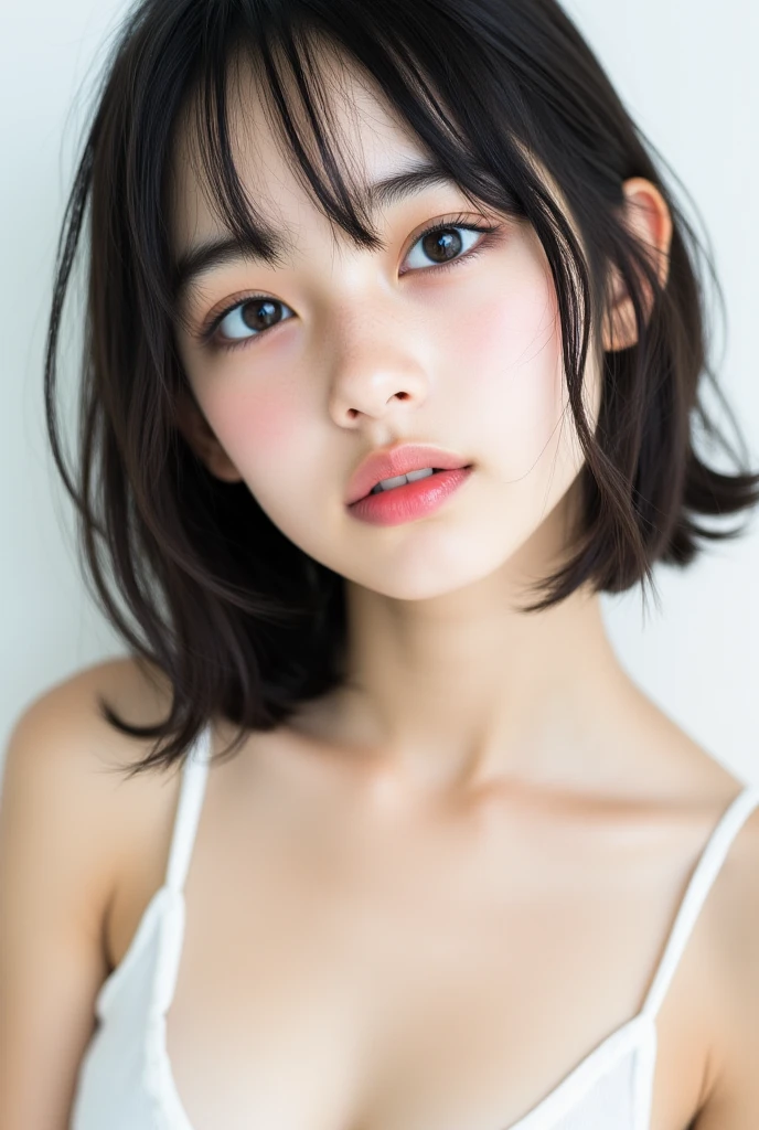 Angle from directly above,dynamic pose,(Highest quality, Very detailed, masterpiece:1.2), 1 women, Very thin body, length, Thin legs, ((Black wavy short layered cut hair hair:1.2)), ((Thick and fluffy bangs)), Very detailedな顔,A faint smile, small, Thin Nose, small thin mouth, Extremely sharply focused eyes, Japanese, Beautiful Face, Realistic eyes, Beautiful and beautiful eyes, Realistic Skin, Beautiful Skin, charm, (A vivid face), Beautiful Hairstyles,((micro bikini)), High resolution, Vibrant color palette, Amazing place,Characteristic dark shadows and strange details,