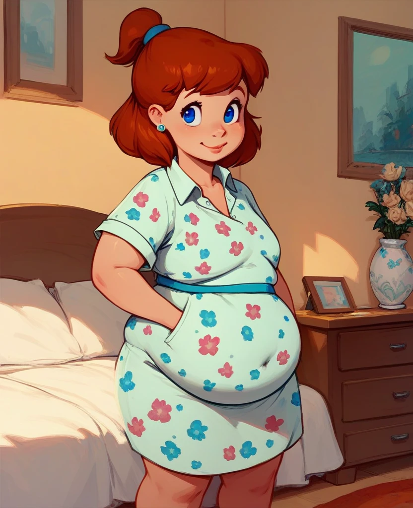 score_8, score_9, jenny, 1 girl, Alone, Brown hair, Horse tail, Blue eyes, earrings, standing, In the bedroom, SMILE, pink pajama dress, hyper-pregnant, exposed abdomen 