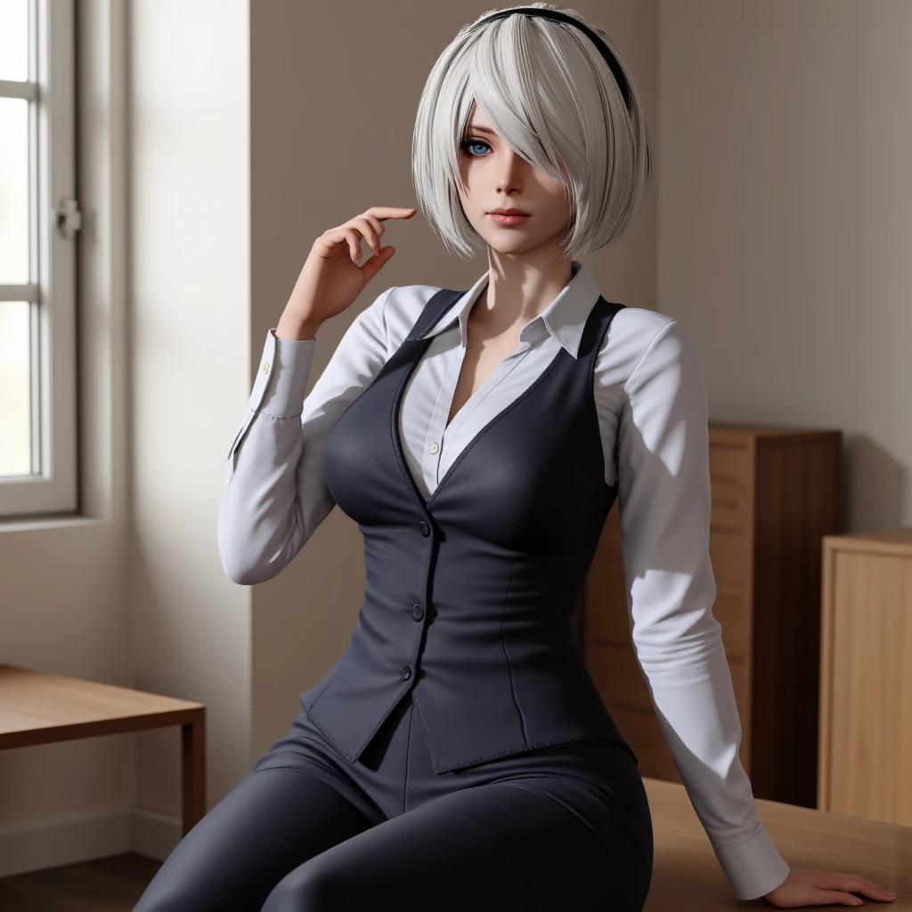 ((masterpiece)), ((best quality)), (ultra-detailed), ((extremely detailed)), 4K, (8K), best quality, a beautiful woman, (( gray hair)), ((curly bob cut)), light blue eyes, detailed skin, freckled skin, 20 years old,
((wavy hair, hair covering one eye, black Y-shirt with open front)), ((black suit)), face down, looking at me, solid beige background, Like the model, photorealistic, cool, serious, Sitting cross-legged on a stool, sitting
,crossed legs