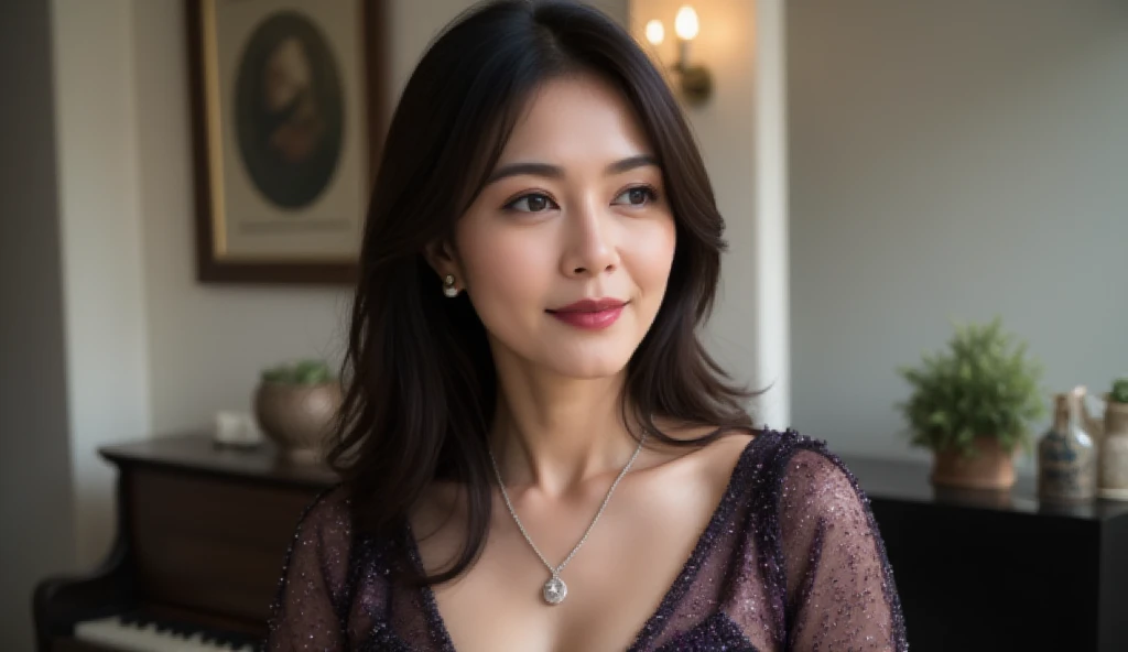 zzy, solo, jewelry, earrings, necklace, black hair, looking at viewer, realistic, smile, head rest, table, brown hair, black eyes, dress, blurry, long sleeves, ulzzang-6500v1.1, (original: 1.2), (realistic: 1.3) , beautiful girl with beautiful details, extremely detailed eyes and face, eyes with beautiful details, absurd, incredibly absurd, huge file size, ultra detail, high resolution, ultra detailed, best quality, masterpiece, illustration, ultra detailed and beautiful, ultra detailed, CG, unity, 8k wallpaper, amazing, fine Detail, masterpiece, top quality, official art, extremely detailed CG unity 8k wallpaper, cinematic lighting, (perfect shiny skin:0.6), slim and smooth lines, (floating), (small breasts:1), earrings <lora:Zhangziyi_v10:0.8>