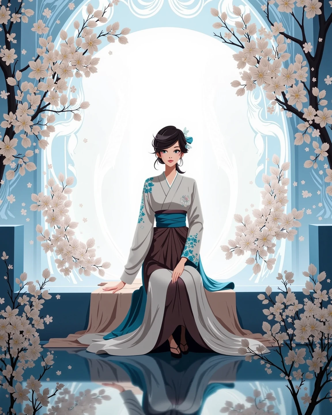 a stylized artistic illustration ,Beautiful woman with a neat face、kneeling on a platform in a floating space garden surrounded by sparkling white flowers and soft nebula light、Her hands are on her knees、A beautiful woman in hakama with a neat face with a soft smile on her face