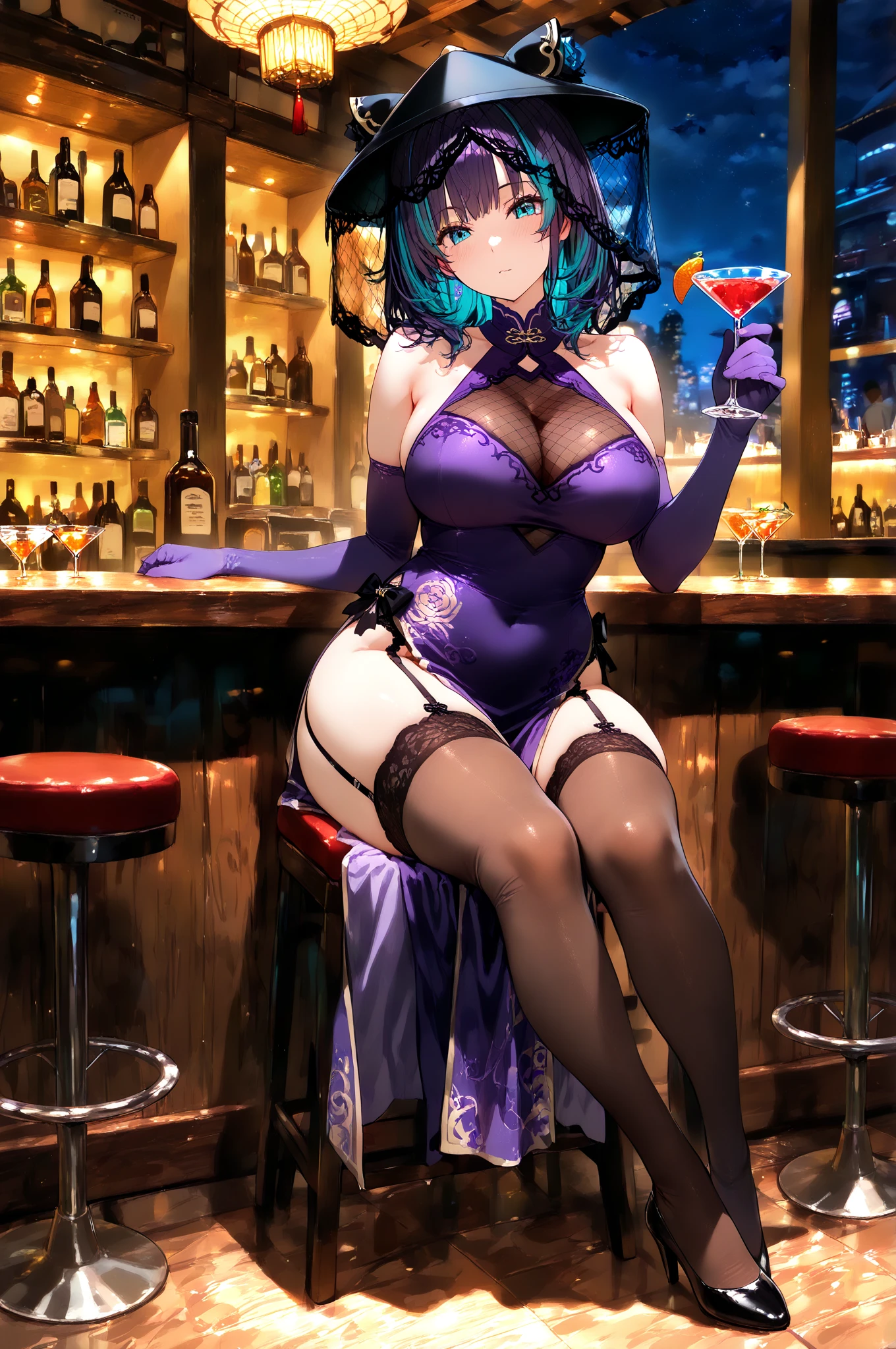 {{{{vulgarity}}}},{{{masterpiece}}}, {{{best quality}}}, {{ultra-detailed}}, {illustration}, {{an extremely delicate and beautiful}}, a girl ,deep blue hair, bob cut, blue eyes, glasses,determined ,blank eyes,full body,bunny girl,black rabbit ears ,fishnet tights, gigantic breasts, ,curvy, gleaming skin, bar,standing split,