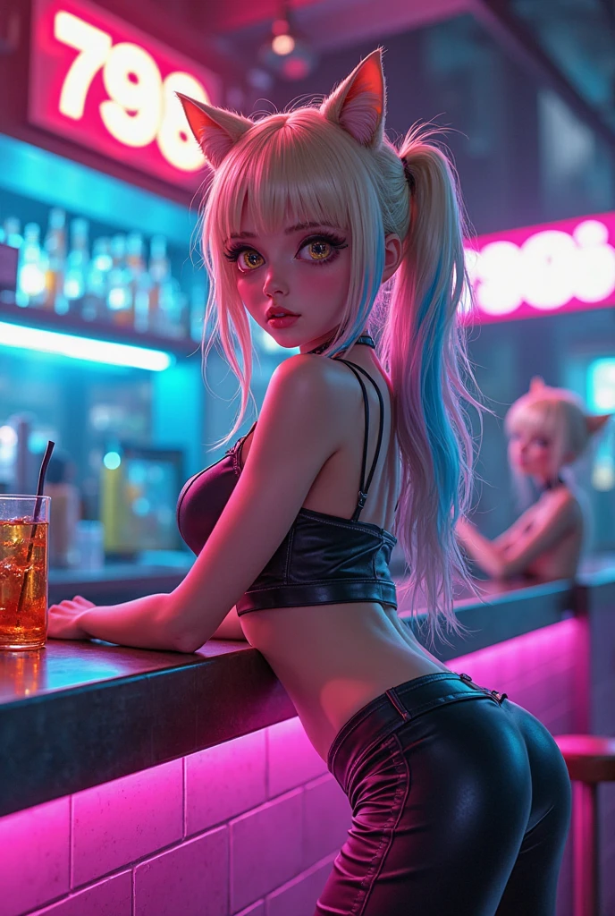 Pastel colored cocktails and cyberpunk bartender in beach bar at full moon festival