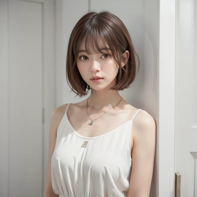 Japanese woman, cute, salon model, with a shoulder-length hair cut (ソバージュ hair), and a light brown hair color, looking slightly diagonally, against a white background with a spotlight shining on her.