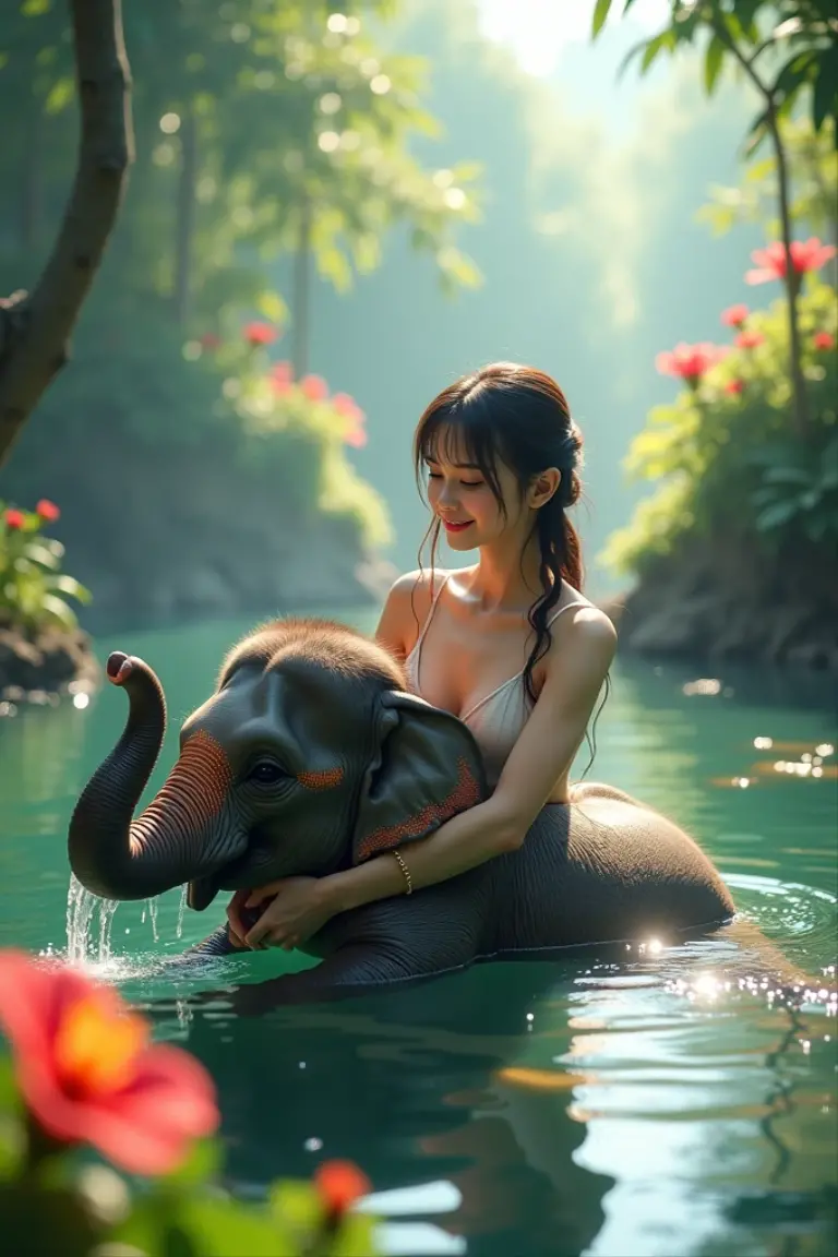 A full body of a highly realistic panoramic sunlight image of Tarzan swimming in the water. The blonde Jane looks on anxiously with a spear in her hand to come to the rescue., Both are half-naked dressed in a short loincloth of a primeval man, both standing dripping with water in the crashing waters of a very high waterfall half surrounded by big jungle trees in 70000000 BC. Both kiss each other personally in the water. HD photography, ultra-realistic, King Tut, 4k, hyper-realistic, sharp texture, color. Her face with glistening water droplets is illuminated by the sun. She stands upright in the running water of the river, a perfect face model, Arabella mist-splitter, perfect face), beautiful lips:5 stylish, beautiful female face, attractive female face!!!, beautiful feminine face, beautiful makeup, perfect face! all wet on a rainy night, scared look, eerie, creepy, dark ambient, cinematic lights, ultra sharp focus, bird's eye view, high view, looking at the camera, raindrops. A very realistic panoramic sunlight image of Tarzan riding on the back of an elephant while holding his blonde Jane in his arms. Both are naked but wearing only a primitive short narrow loincloth of a primeval man, both dripping with water in the crashing waters of a very high waterfall half surrounded by large jungle trees in 70000000 BC, HD photography, ultra-realistic, King Tut, 4k, hyper-realistic, sharp texture, colour