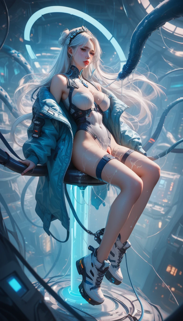 Cyberpunk Edgerunners, 1girl, Lucy \(cyberpunk\), blue eyes, cyber eyes,, pale skin, petite figure, (huge chest, wild girl, small head)), daylight, sunlight, (perfect body: 1,5), (young), (short wavy hair: 1,2), white hair, ((hair with bangs)), collar, full length, crowded street, wearing a tight cropped ((black latex sports bra), ((black latex panties) ),black latex panties, (extremely detailed CG 8k wallpaper), (an extremely delicate and beautiful), (masterpiece), (best quality: 1.0), (ultra high resolution: 1.0), gorgeous lighting, perfect flashes , realistic shadows, [high res], detailed skin, extremely detailed, pale skin, camel toe, barefoot, home on white coach,