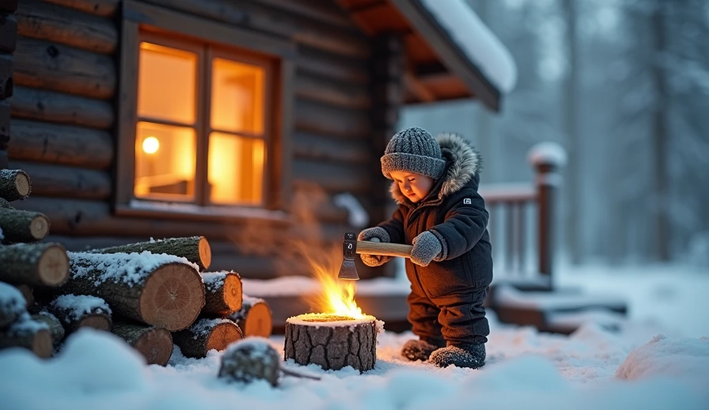 Snow-covered summit of Yushan Mountain,There is a 5-year-old blue-haired girl in a small thatched house on the mountain,Holding a little black fox,There is a pot of boiling water for cigarettes on the stove nearby.