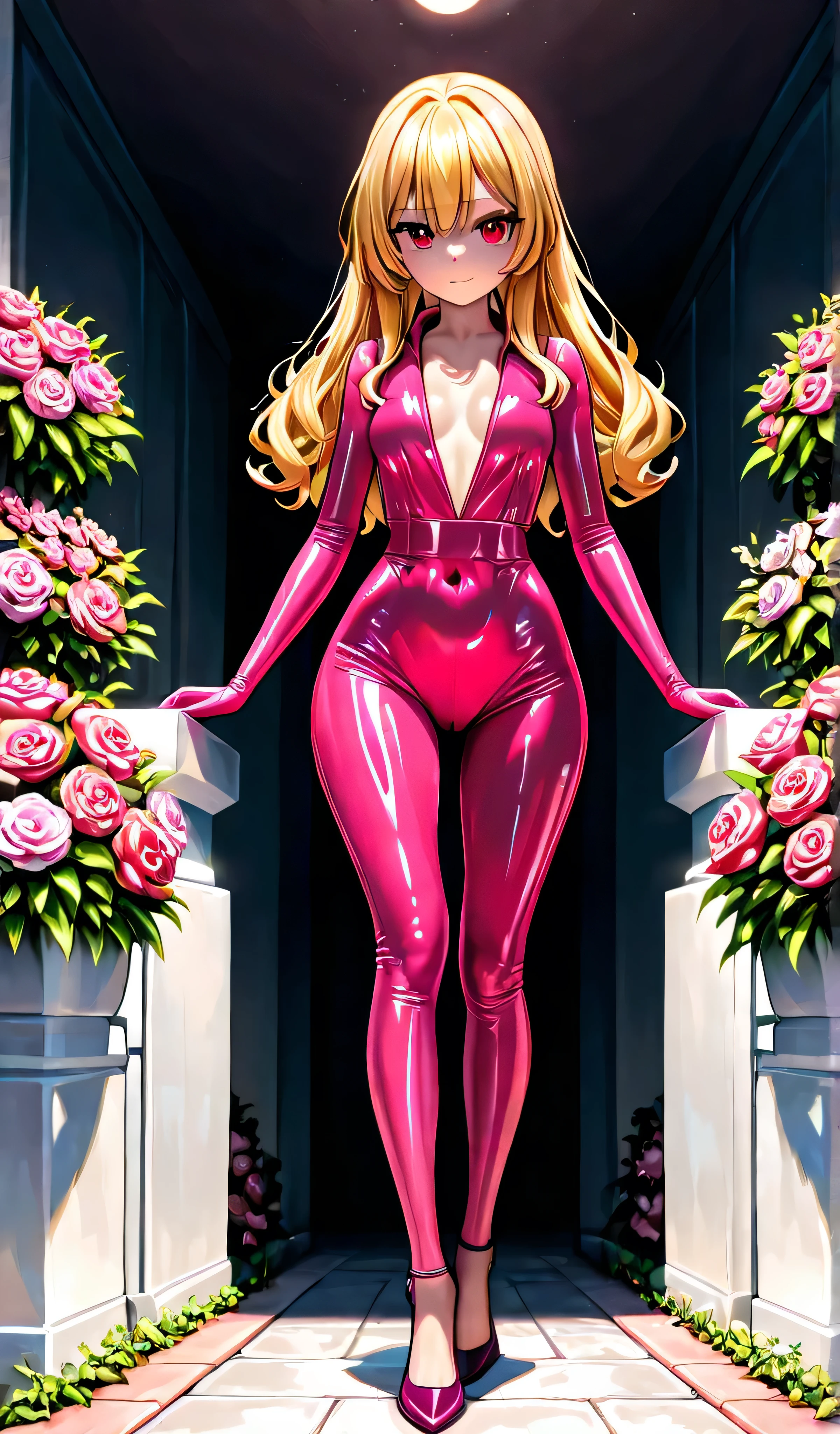(((best quality))), (((masterpiece))), solo, super fine photo, full body picture Unreal Engine 5 8K UHD, beautiful girl, face detailed, wearing baby pink skin tight latex catsuit with gold lace, latex collar, baby pink latex gloves, baby pink latex long socks with straps, arm and leg cuffs, unified 8k wallpaper, hyper detailed, sharp focus, standing in the flower garden.