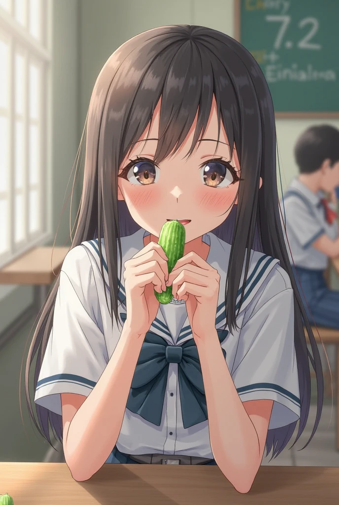 (highest quality, masterpiece:1.2), highest quality, High resolution, 1080p, 8K, Game heroine CG, Height: 158cm, ((A beautiful game heroine is eating a delicious cucumber)), A face that everyone loves, Glossy lips, Even bangs, Double, Long eyelashes on both the top and bottom, Smiling blue eyes, The very large and thick yellow ribbon bowtie is very cute., ((Black Hair)), Beautiful, shiny, long black hair, ((A long, neat, dark navy pleated skirt)), (((A long-sleeved navy blue sailor uniform for winter, all dark blue in color))), ((Navy blue jacket)), Smiling, slightly open mouth like a game heroine, Ribbon in hair, Tight waist, The background is a blank white space, ((Blur the background))