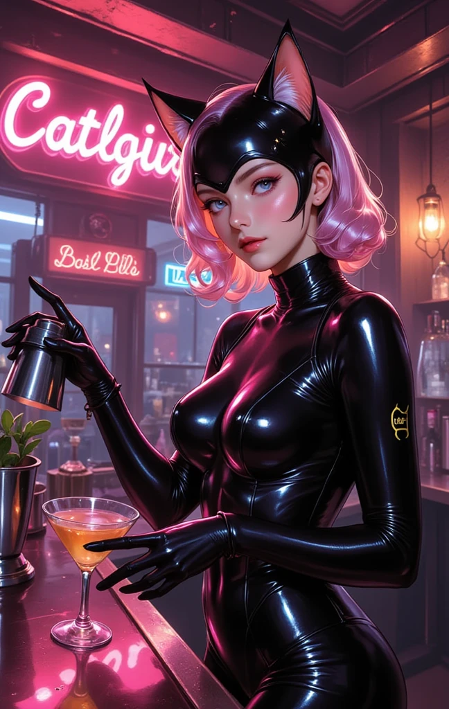 Sports magazine cover, text headlines, a stunning scene of Catwoman and a werewolf drinking coffee and behind them a 1930s car with headlights on Times Square