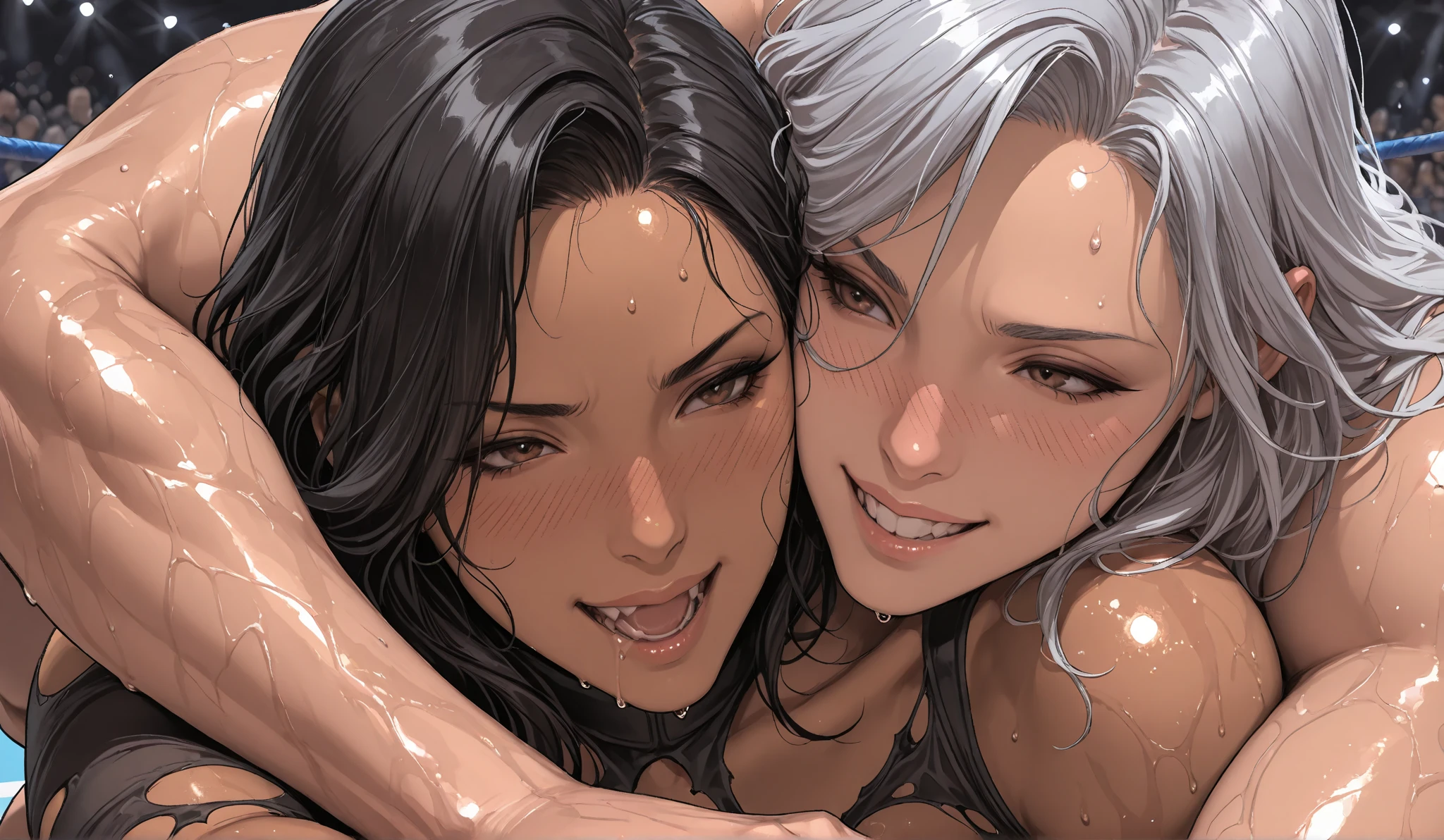 2girls, kissing cheek, strapless, puckered lips, lips, closed mouth,cleavage, sideboob, armpit crease, tight clothes, sweat, wet clothes , masterpiece, best quality, absurdres, girl kissing girl on cheek, dynamic lighting, lighting effect, 