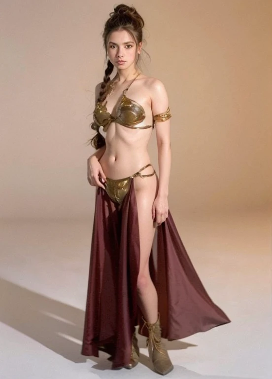 A cute woman is portraying Princess Leia, she is in the princess leia slave bikini. she is awkwardly doing trendy Tik Tok dances, set on a star ship near a view port
