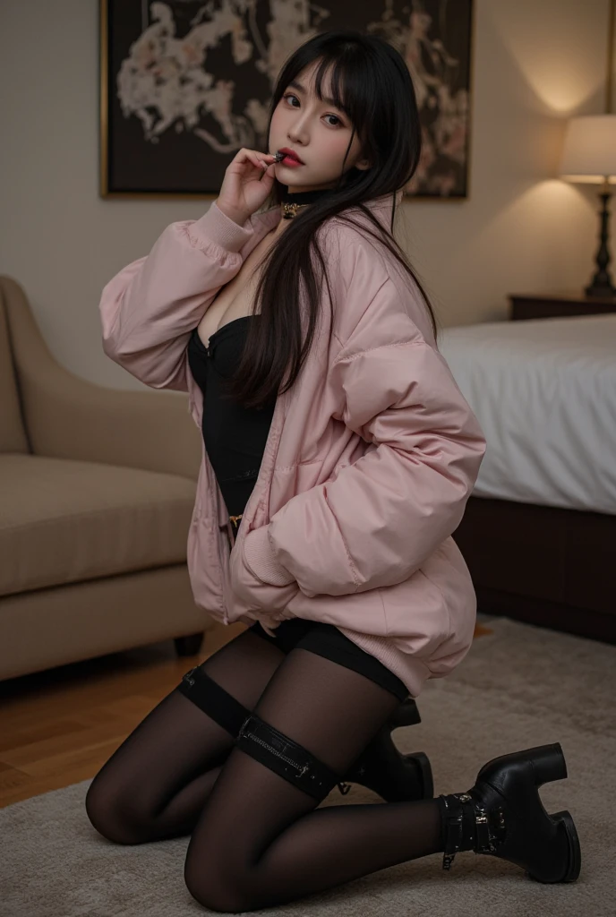 女の子1人、12 years old pretty girl、A dark-haired（Cute Hair Styling）、Large and stylish black clothes、a black skirt、Cute socks、petite and very slender figure,,,,,、Too skinny、sockes（Ankle length、Cute design）、Fashionable manicure、Stylish earrings、Pink lip、a picture、realisticlying、top-quality、adopt、A detailed face、细致背景、depth of fields、Full-body angle of view、Sitting on the couch、Moderately sexual、独奏