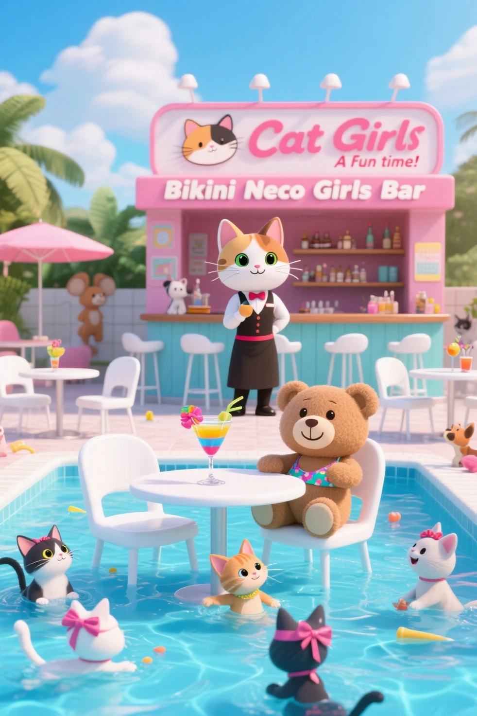 Girls bar where a cute cat is the bartender. in the center of the bar.
There are several white chairs and small tables by the pool. The bartender cat is standing, I'm watching small cats and animals playing. cute calico cat. he is wearing a bartender uniform.
A colorful cocktail is placed on the table..
The teddy bear is sitting in a white chair. The teddy bear is looking at the pool, watching small cats and animals playing.
There are white chairs and several small tables by the pool, is playing freely and having fun.
테이블에는 알록달록한 칵테일이 놓여 있습니다. In the pool water, various small cats wear ribbons on their heads, {x} and play in the water with ribbons on one side of their heads {x} A small baby cat sits on a table chair with a teddy bear and smiles..
“Bikini Neco Girls Bar”, 'cute cat', The advertisement for 'A fun time' with 'Cat Girls' is written on the advertisement. bright atmosphere, Comic situation. 3d animation. cute 3d.