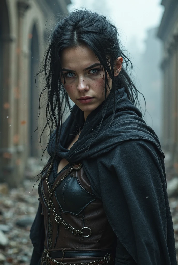 Pale fierce young woman with silver wolf eyes and messy black hair ...