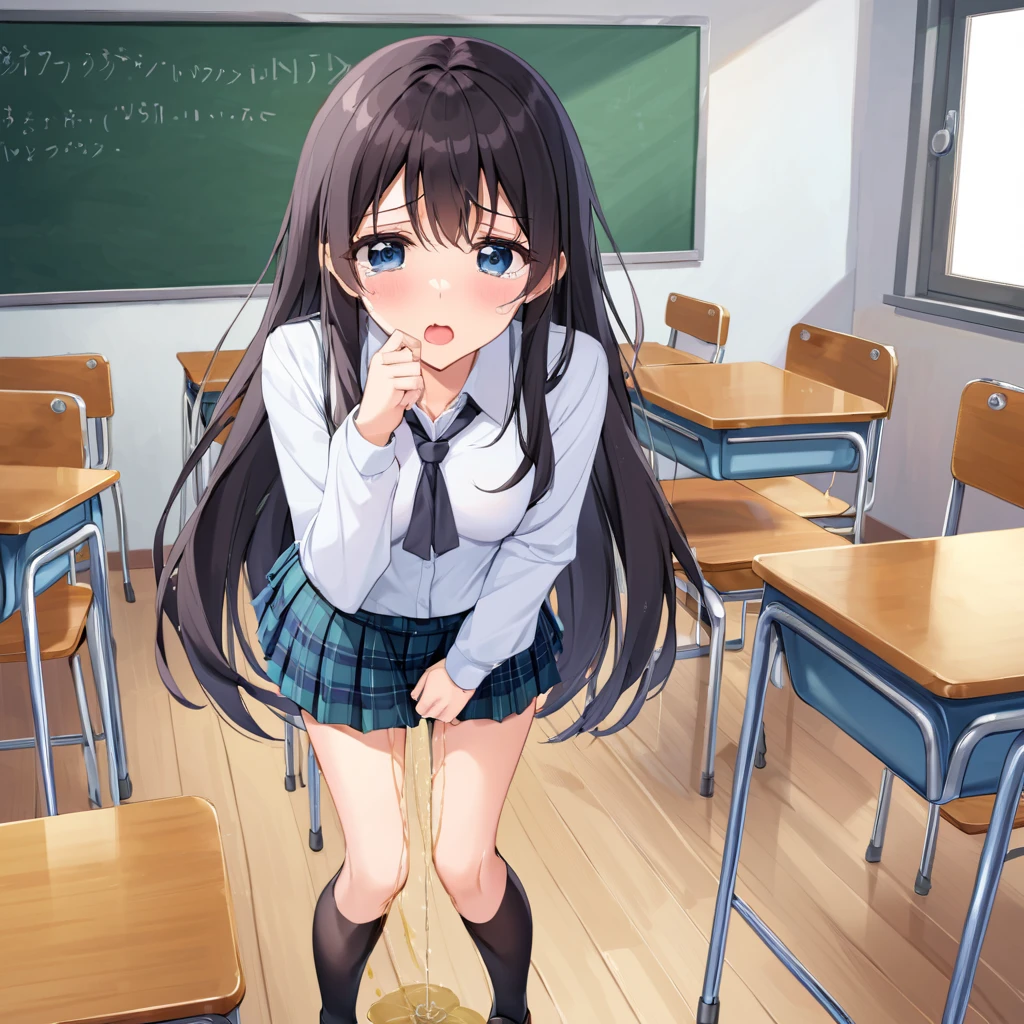 highest quality、masterpiece、1 girl、(Ahoge)、(blush:1.5)、(smile:1.5)、((fun!!))、cute、()、、high school girl、((classroom:1.5))、()、、Kamimei、look at me、(No panties:1.3)、((shaved pussy:1.5)), ((red bow tie, , black jacket, open jacket, white cardigan, white shirt, black skirt, plaid skirt、black socks))、 (No panties:1.3)、((shaved pussy:1.5))、()、((pee is coming out:1.8))、peeing