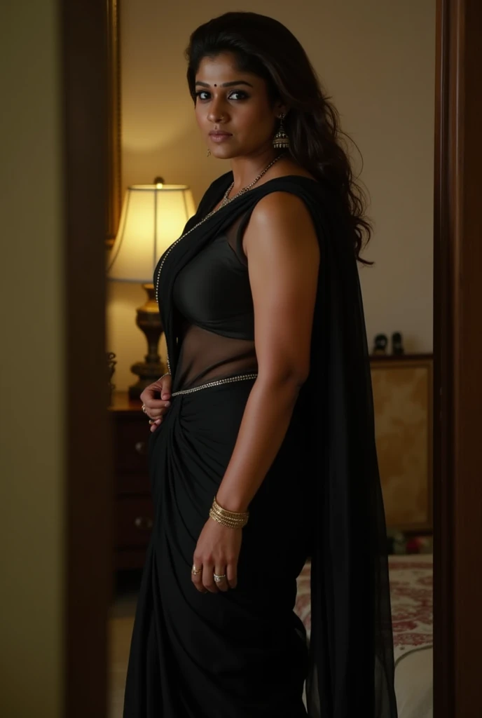 best quality, highres, ultra-detailed, realistic, dim lighting, boudoir theme,mistress, seductive dominant expression,detailed face, ((full body image)) sexy indian woma(nayanthara) , perfect face, (busty firm body), black lace negligee((with anushka shetty in a suit)), high-res photography.