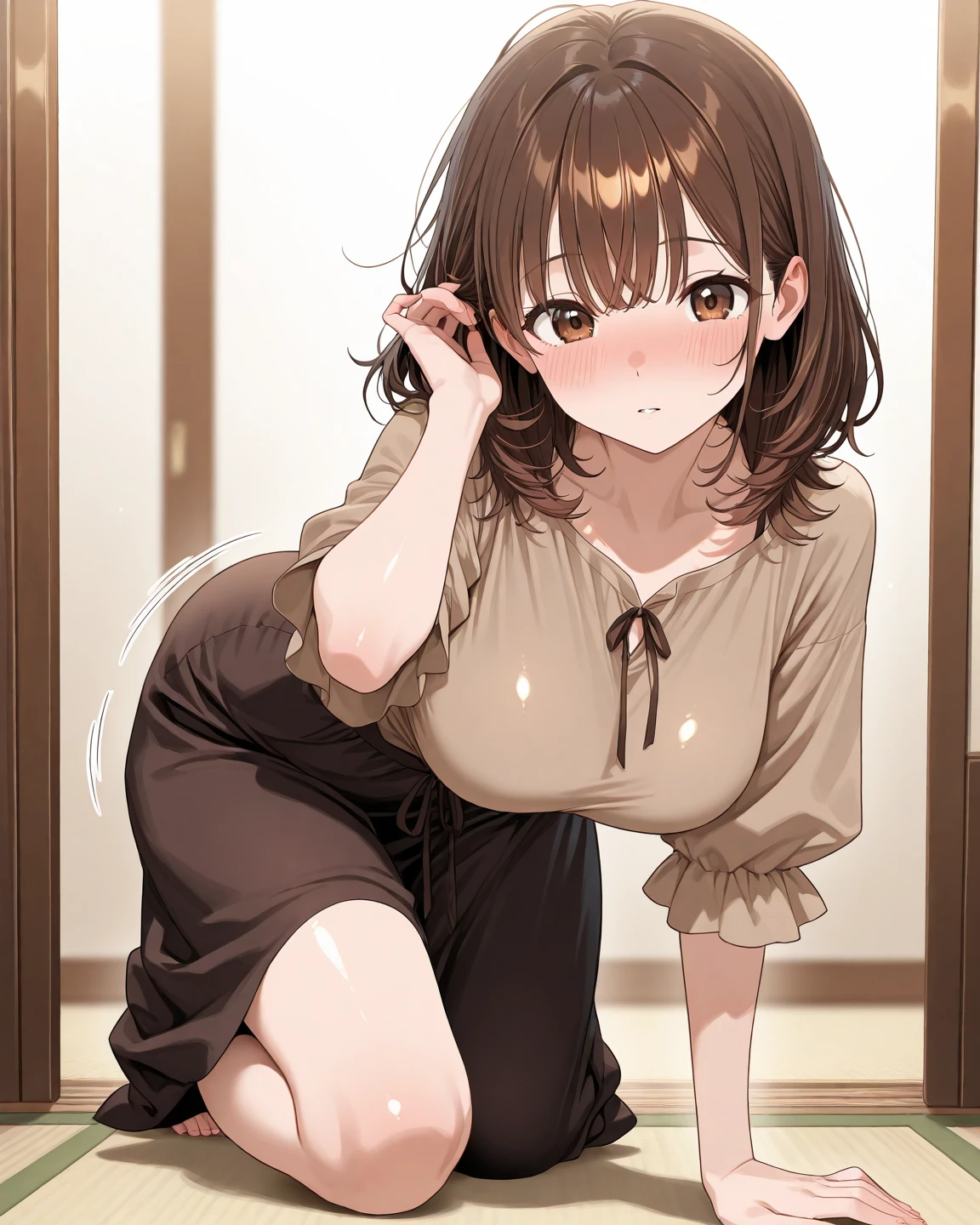 (Masterpiece, Best Quality:1.2), 1 girl, Alone,standing_to divide, Mikan Yuuki, Brown eyes, Brown hair, short hair, perverted face, hair ornament, pajamas, desvistiendose, pulling down her panties, bathroom, sitting, sitting en el sanitario, legs open, House, orinando, pissing, vagina, shorro