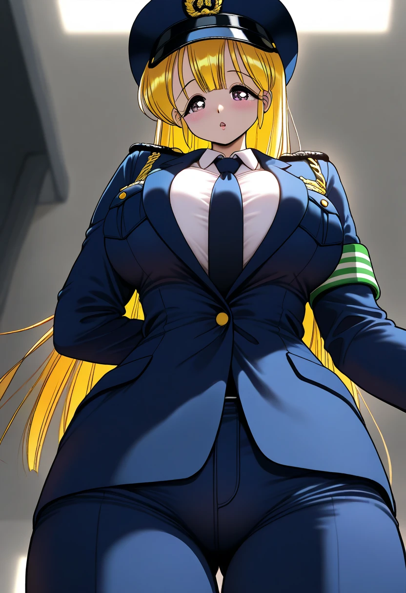 masterpiece, best quality, samus aran, ponytail, hair tie, blue skirt suit, blue blazer, blue pencil skirt, upper body, looking at viewer, furrowed brow, hand to hip, office background