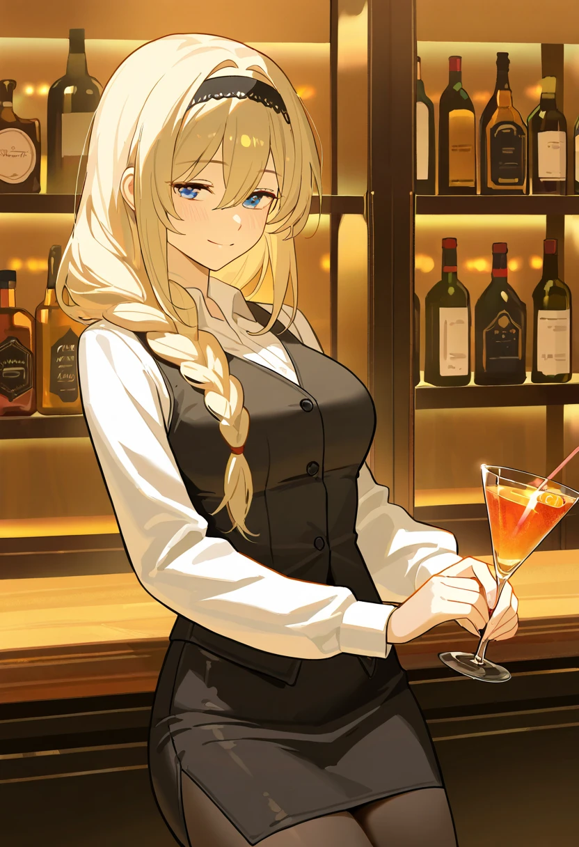Cynthia_Pokemon, long blonde hair, brown eyes, black coat, black pants, looking at viewer, serious, smirk, sitting, on stool, inside bar, counter, holding martini glass full of lemon juice, neon lighting, high quality, masterpiece, <lora:Cynthia_Pokemon:.7>