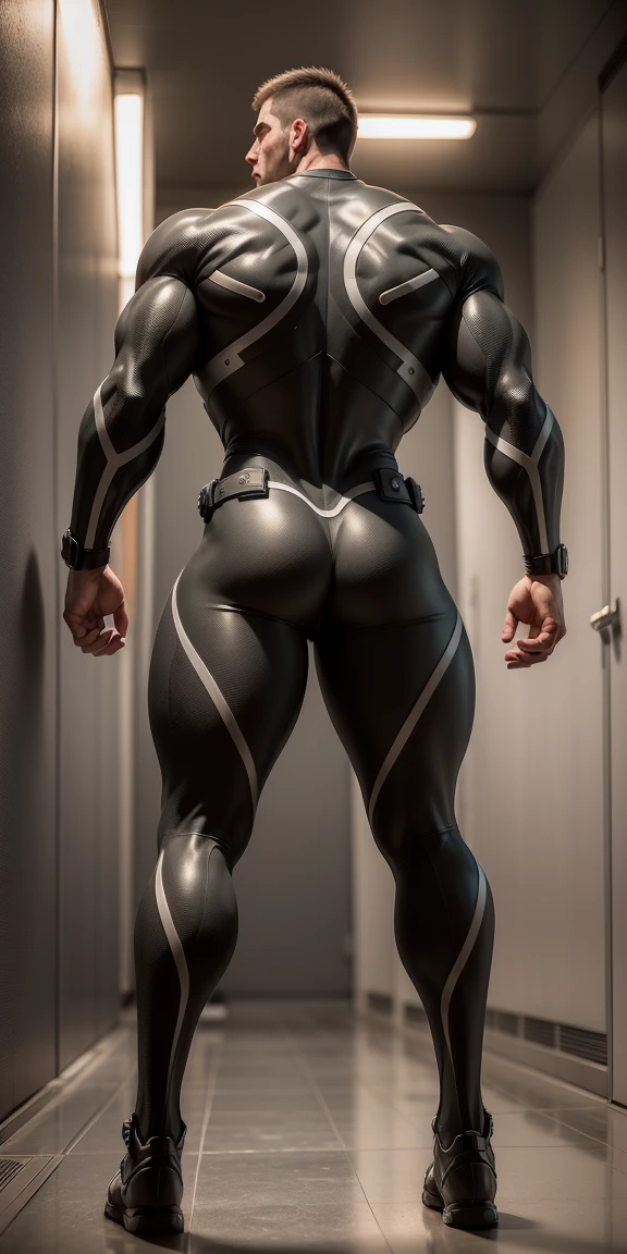 特别High背影, huge, and muscular police officer.，Silver gray khaki camouflage wetsuit，he faces the wall，Hold the wall with both hands，High buttocks，Highlights，character idea（Resident Evil - chris redfield，chris redfield）senior police officer，身穿Silver gray khaki camouflage wetsuit，matte texture，regular symmetrical texture pattern，Standing in the dark sugar cane jungle, The body is wrapped in thick rattan，heroic male pose，高大burly，muscular！Charming leg muscles，High, burly, Heqiang， 身穿Silver gray khaki camouflage wetsuit， Super gain and cool， high resolution committee， Big feet in silver gray boots，Charming strong man，The bright sunshine is shining on you，matte particles，shiny texture