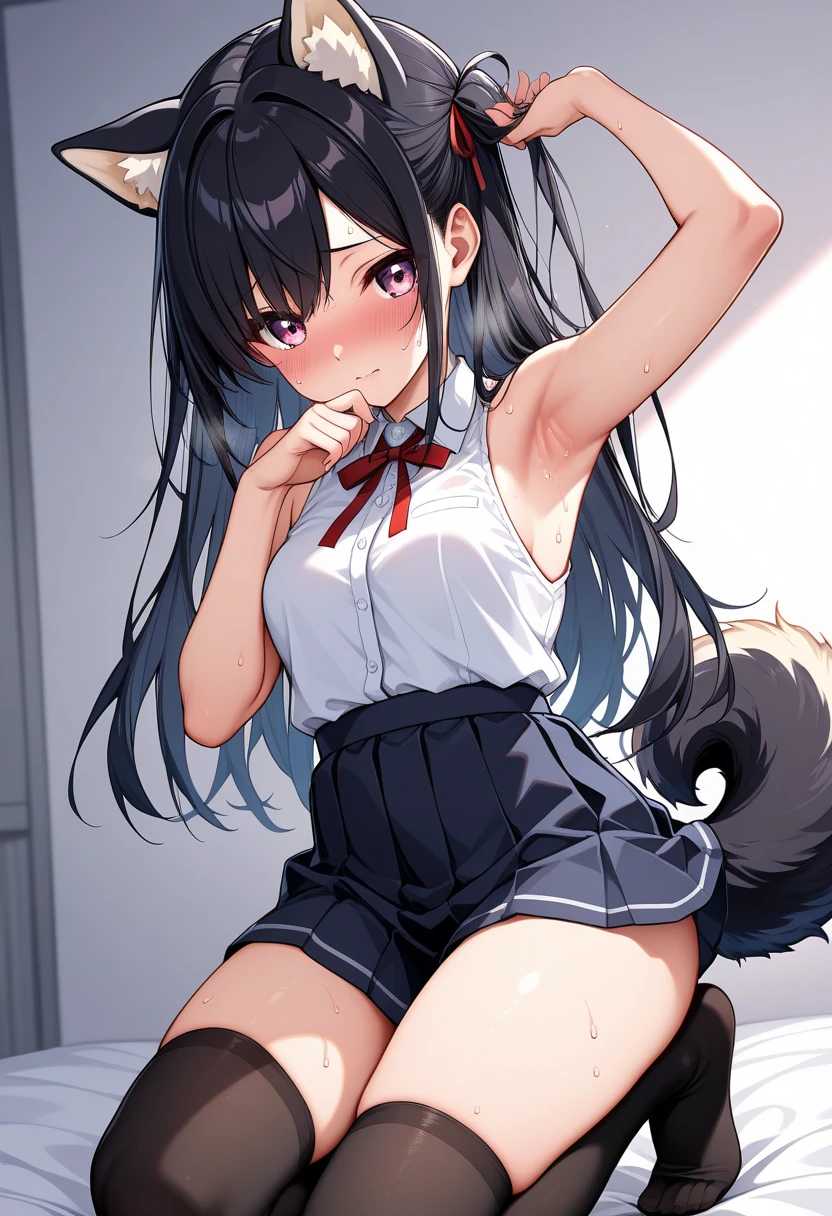 realistic image, coherent image, detailed image, 1 girl, has light grayish brown hair tied in a thin low ponytail that extends to the end of her back and tied with a large bow, Violet eyes, has cat ears and a tail, Her face is oval and delicate, blushing, she is wearing a sports top, pleated mini skirt, sneakers, medium breasts, curvy body, thick thighs, her back is arched, posing shyly, view of her thighs, black background, uniform background,
