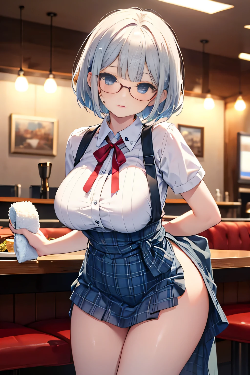 Rem from Re:Zero、light blue hair、short hair、table top、High resolution、many girls multiple girls、large crowd、lots of cute girls、big and full breasts、naughty body、See-through、throw、、whole body、Are standing、Look up at me、confused face、blush、black pantyhose、female shape'Private parts are clearly visible、I can see your nipples、white shirt、navy check skirt、micro mini skirt、very short skirt、Department store、shop、Many people々々々、in the crowd、bare chest、show your chest、from below、Low - Angle、while holding the tray、place the chest on the tray、Upper grade、A lot of milk comes out from the nipples、Breast milk gushes from the nipple、Cat ear、blazer jacket uniform、high 、white shirt、Blue Gingham Check Skirt、With cup 、Breast milk drips from the nipples、Breasts wet with breast milk、female shape'Private parts are clearly visible、view from a distance