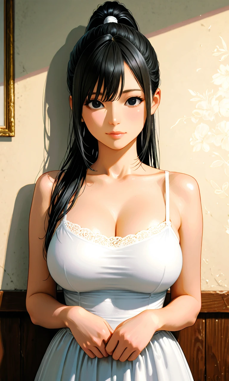 1 busty girl，Young woman，vests，Bare shoulders，Wear a bow on your head，photore，realistically，Best quality at best，Detailed faces，Room on the bed，The building outside the window，detailed back ground，Diffused sunlight，depth of fields，in background bokeh