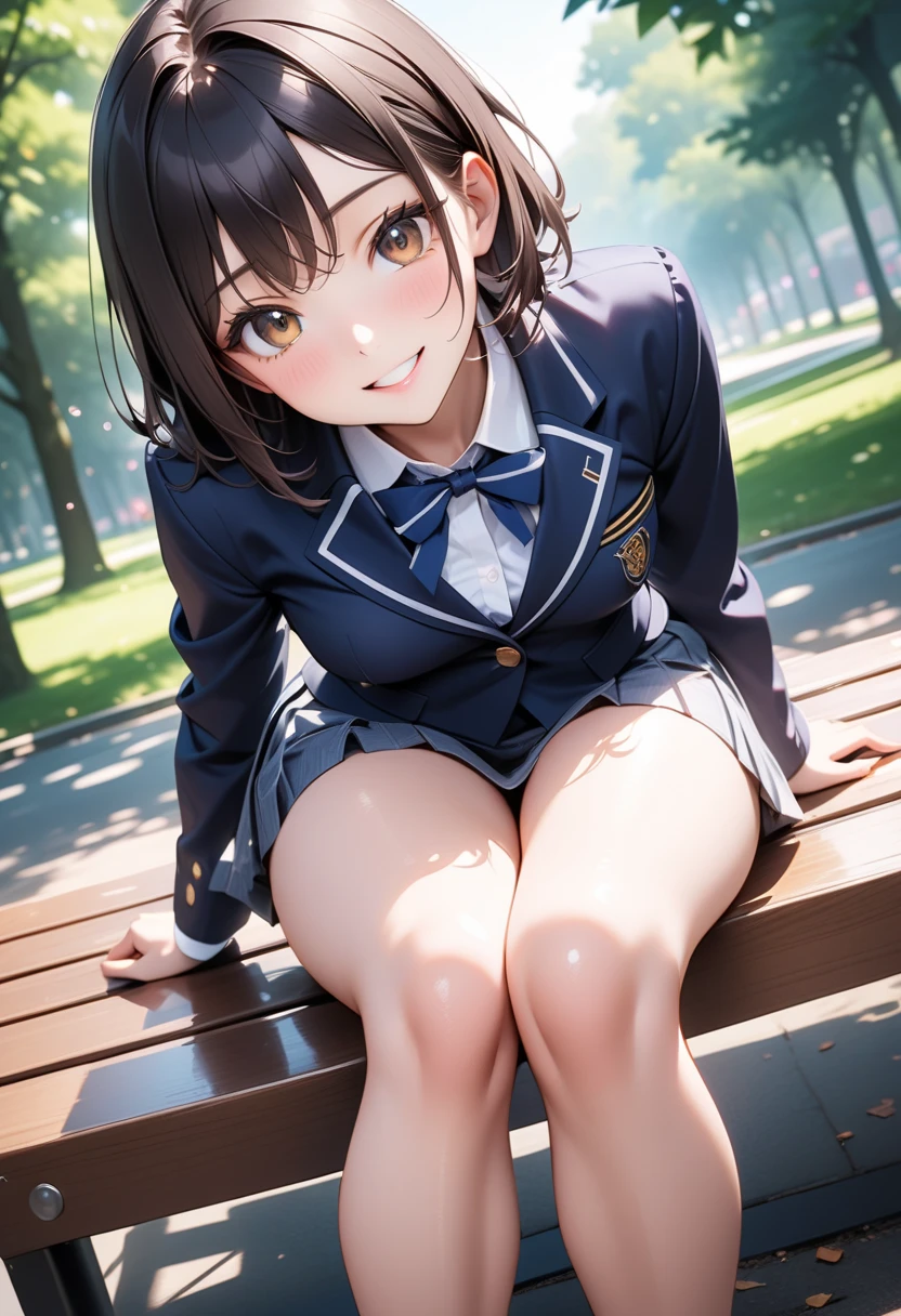 (((alone))),(((1 Girl))), beautiful, figure, Highly detailed skin, masterpiece, Highest quality, Highly detailed face, Vibrant colors, Depth of written boundary, Cinema Lighting,, One girl, alone, Brown eyes, Brown Hair, hair ornaments,short hair,Green Check Skirt,blush, White shirt, Yellow sweater vest,masterpiece Highest quality 高解像度、Anna Tanaka , Sit with your knees bent、eight-headed body、Beautiful feet 、On campus、As if looking up from below、Embarrassing,Browsing Caution,White panties,Camel Toe